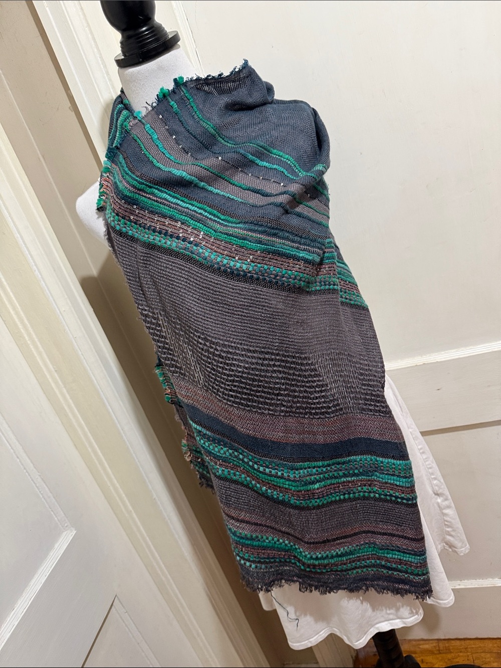 Woven Teal and Charcoal Stripe Women's Scarf
